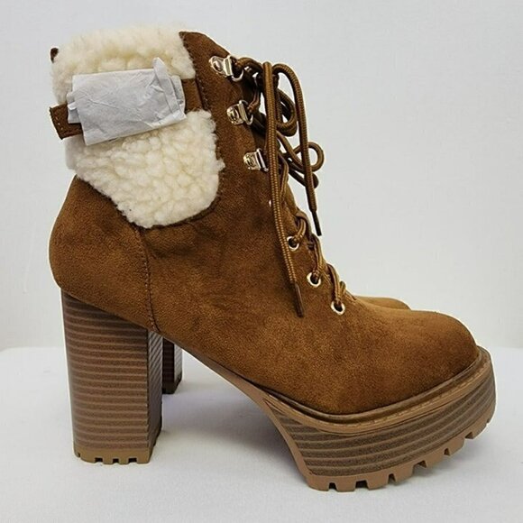 Brown Faux Suede Shearling Cuff Lug Sole Booties 7.5 - Picture 2 of 12